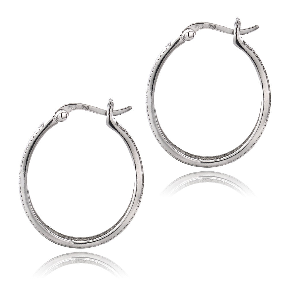 Sterling Silver Diamond Accent Stripe Oval Hoop Earrings-2