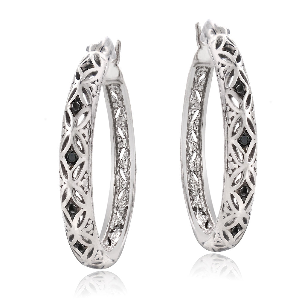 Sterling Silver Black Diamond Accent Filigree Hoop Earrings