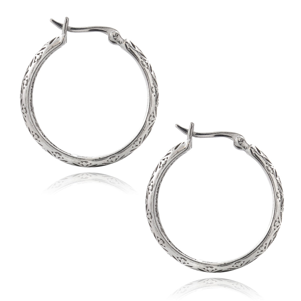 Sterling Silver Black Diamond Accent Filigree Hoop Earrings-2