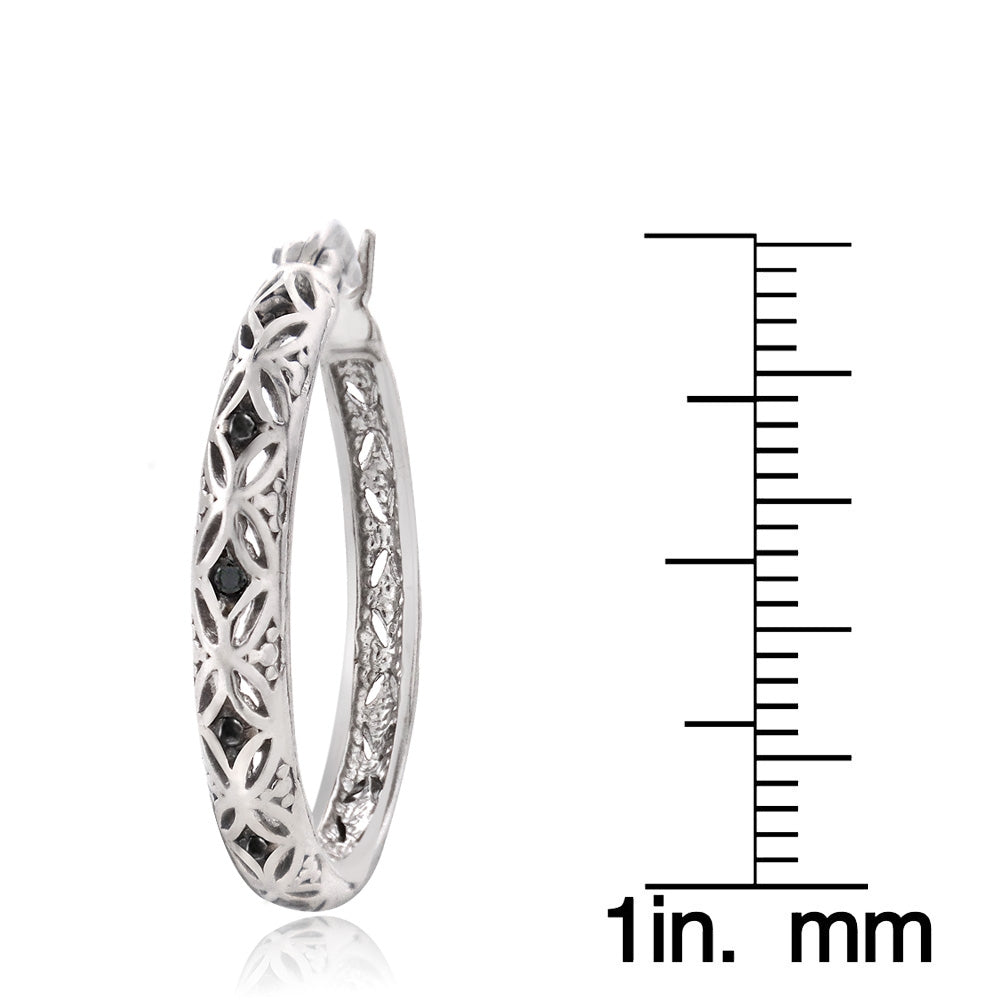 Sterling Silver Black Diamond Accent Filigree Hoop Earrings-3