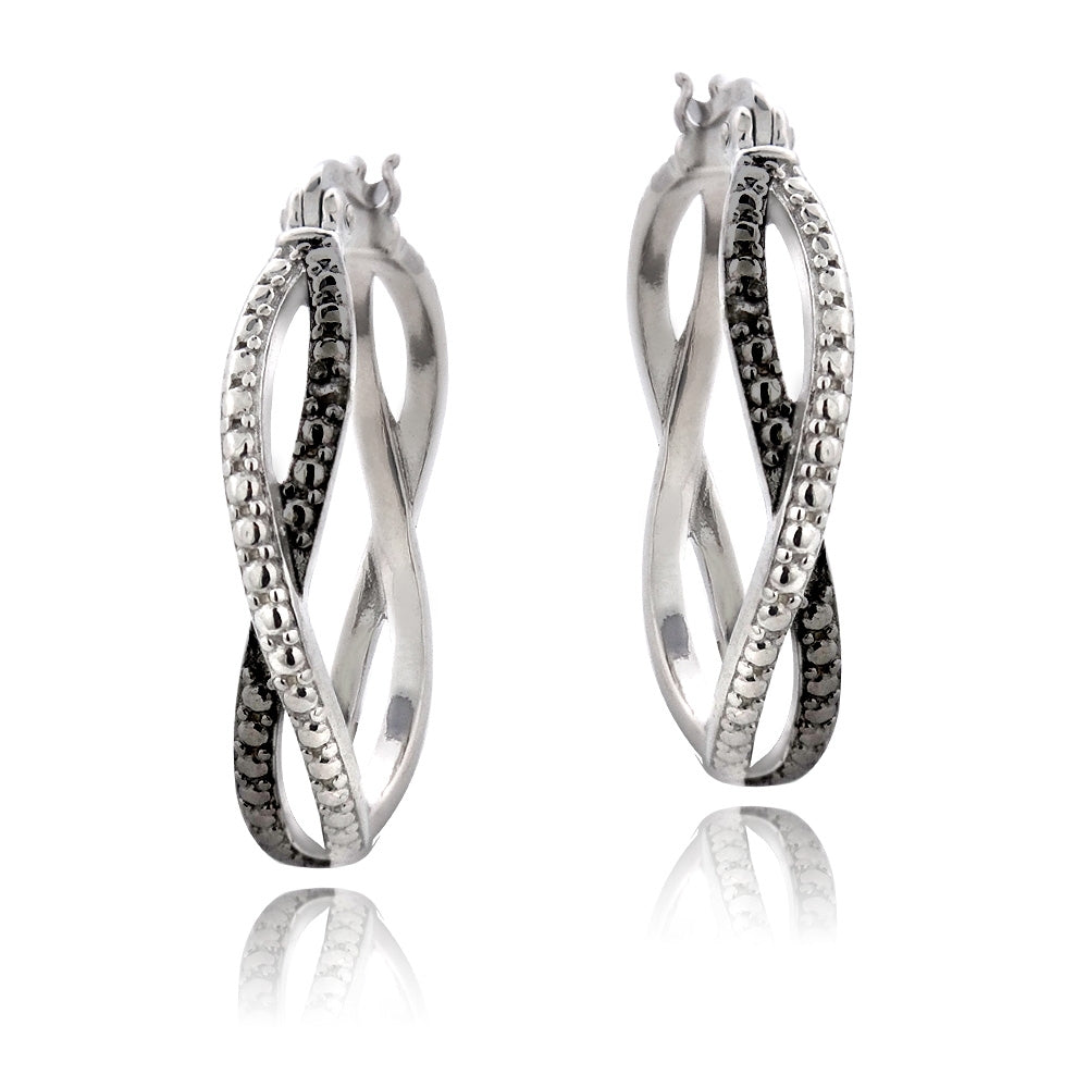 Sterling Silver Black Diamond Accent Twisted Hoop Earrings