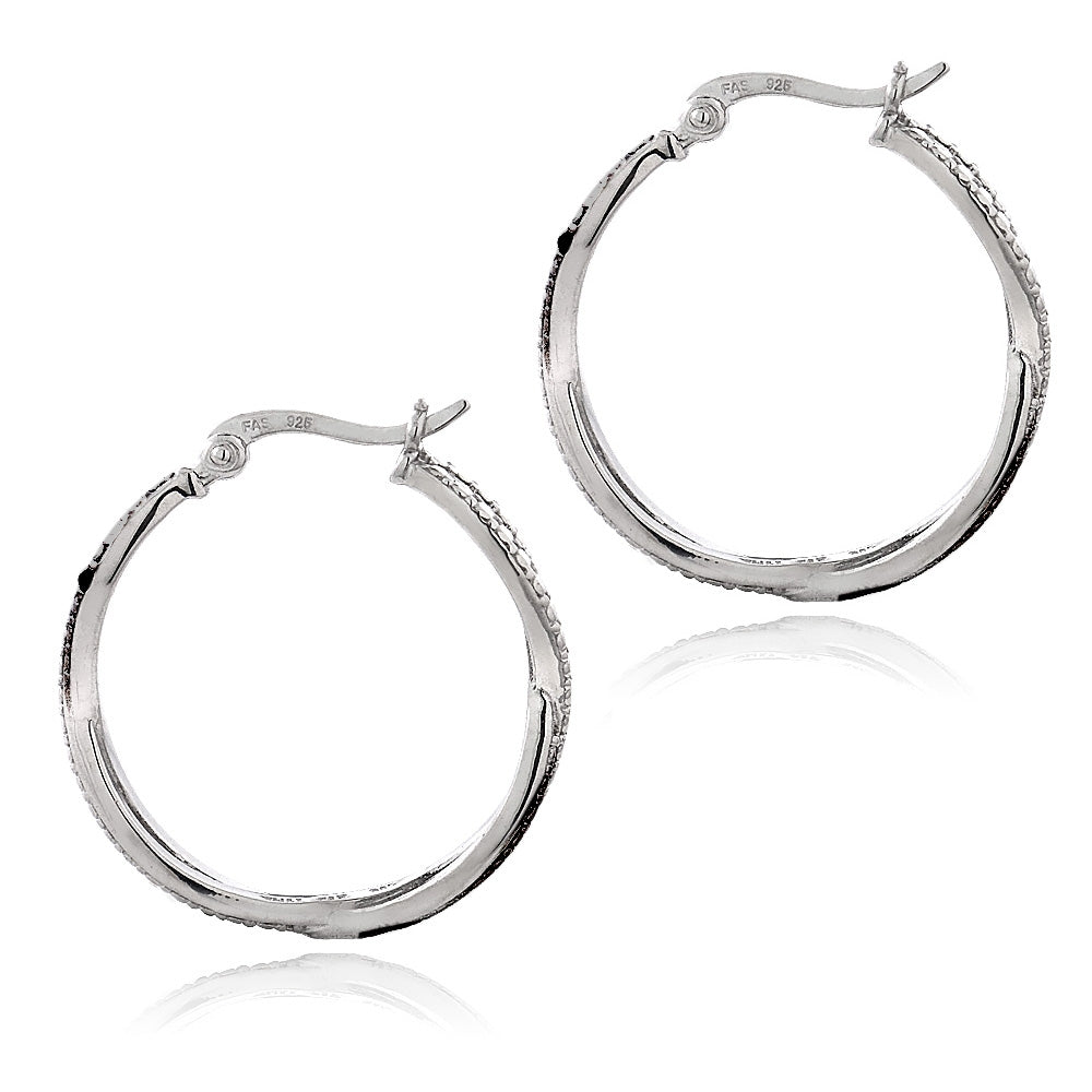 Sterling Silver Black Diamond Accent Twisted Hoop Earrings-2