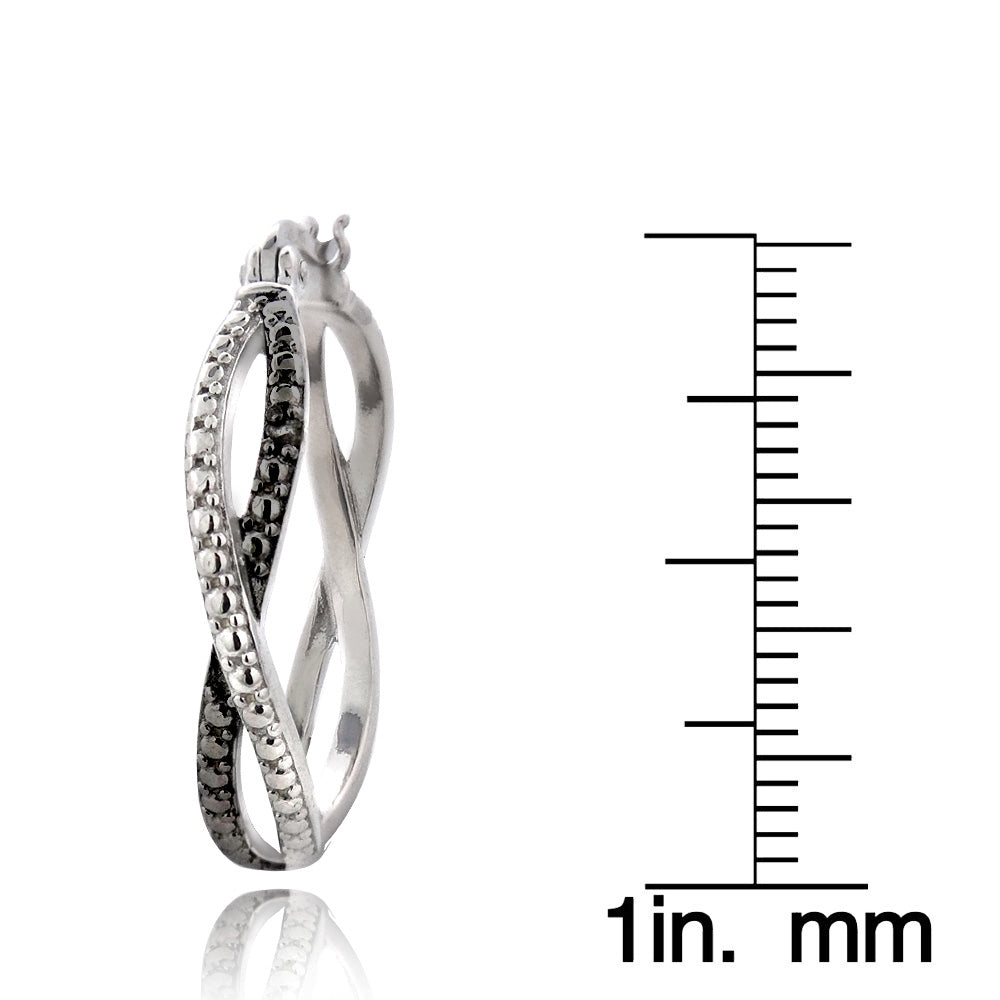 Sterling Silver Black Diamond Accent Twisted Hoop Earrings-3