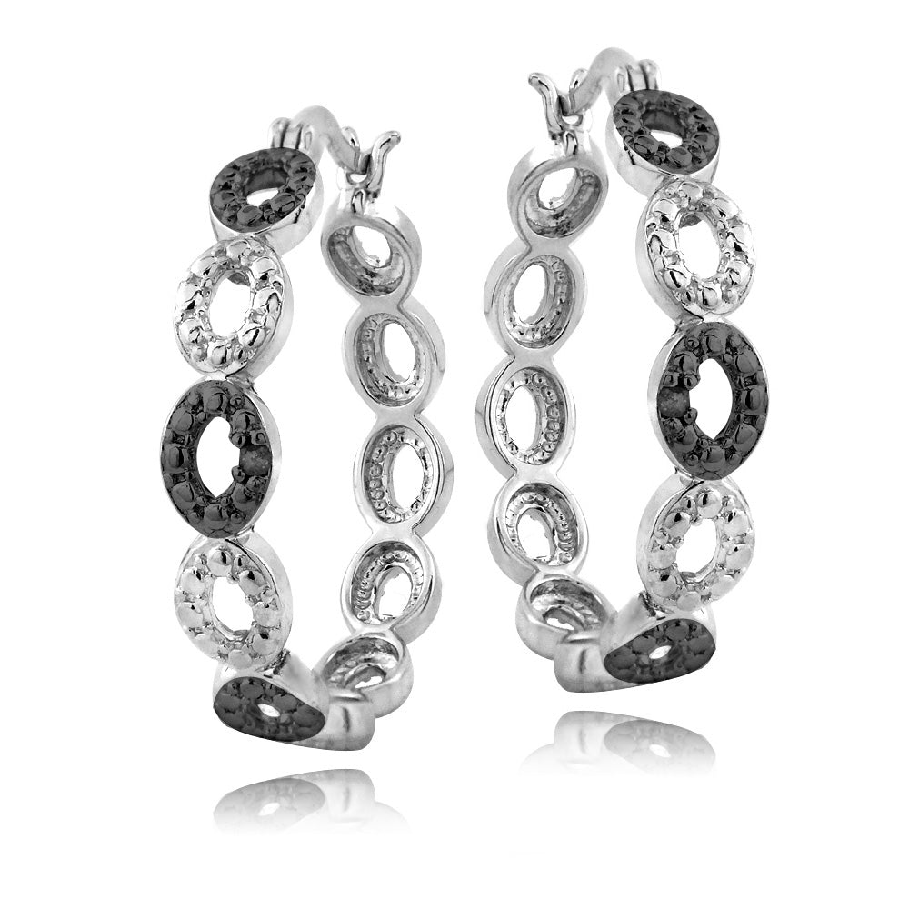 Sterling Silver Black Diamond Accent Marquise Link Hoop Earrings