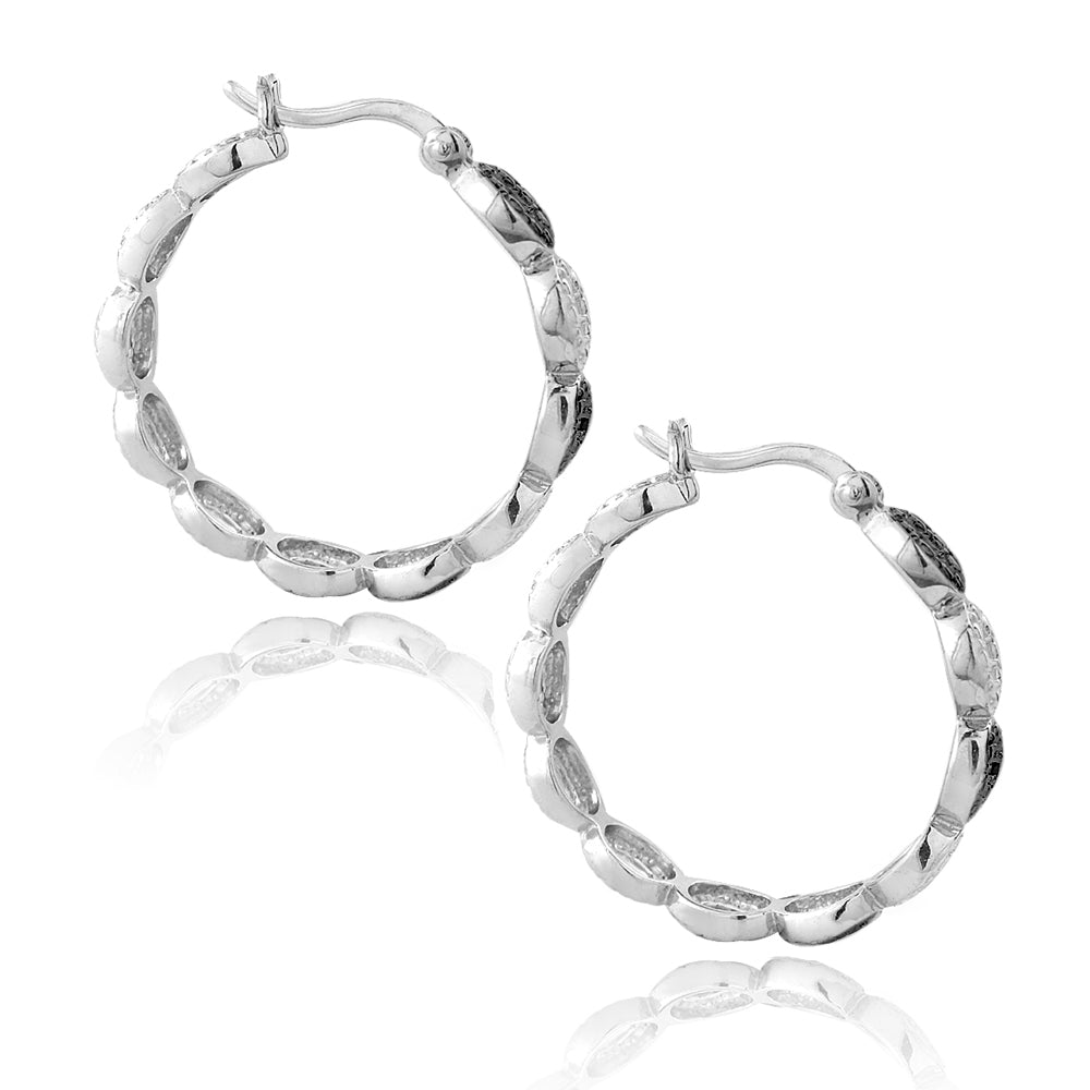 Sterling Silver Black Diamond Accent Marquise Link Hoop Earrings-2