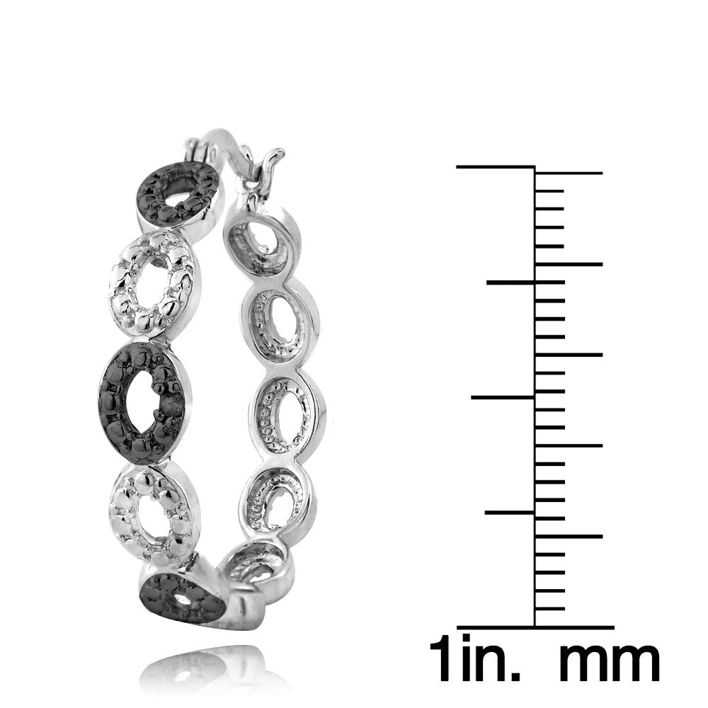 Sterling Silver Black Diamond Accent Marquise Link Hoop Earrings-3