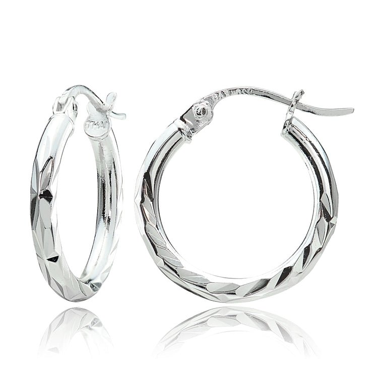 Sterling Silver 2mm Diamond Cut High Polished Round Hoop Earrings, 15mm