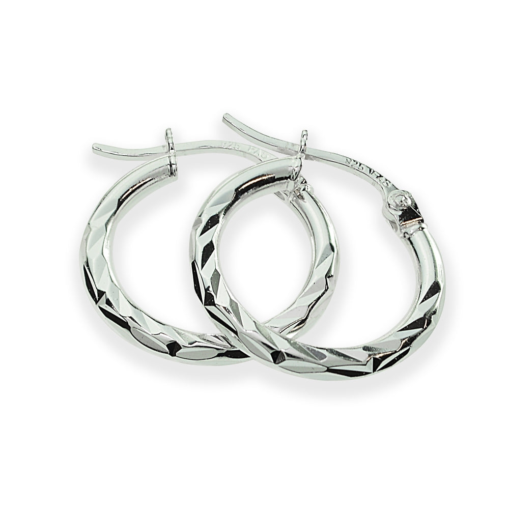 Sterling Silver 2mm Diamond Cut High Polished Round Hoop Earrings, 15mm-2