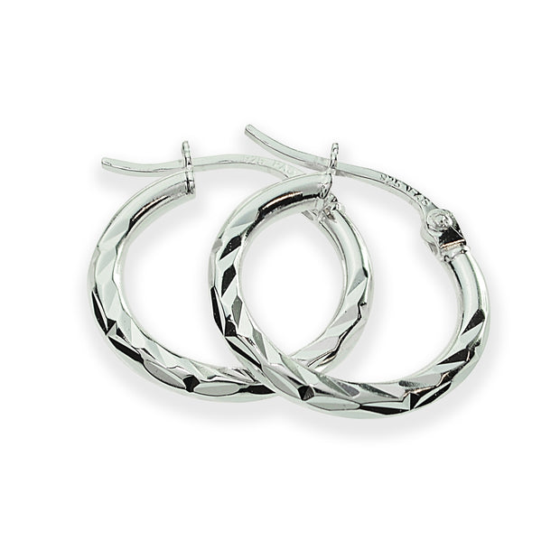 Sterling Silver 2mm Diamond Cut High Polished Round Hoop Earrings, 15mm