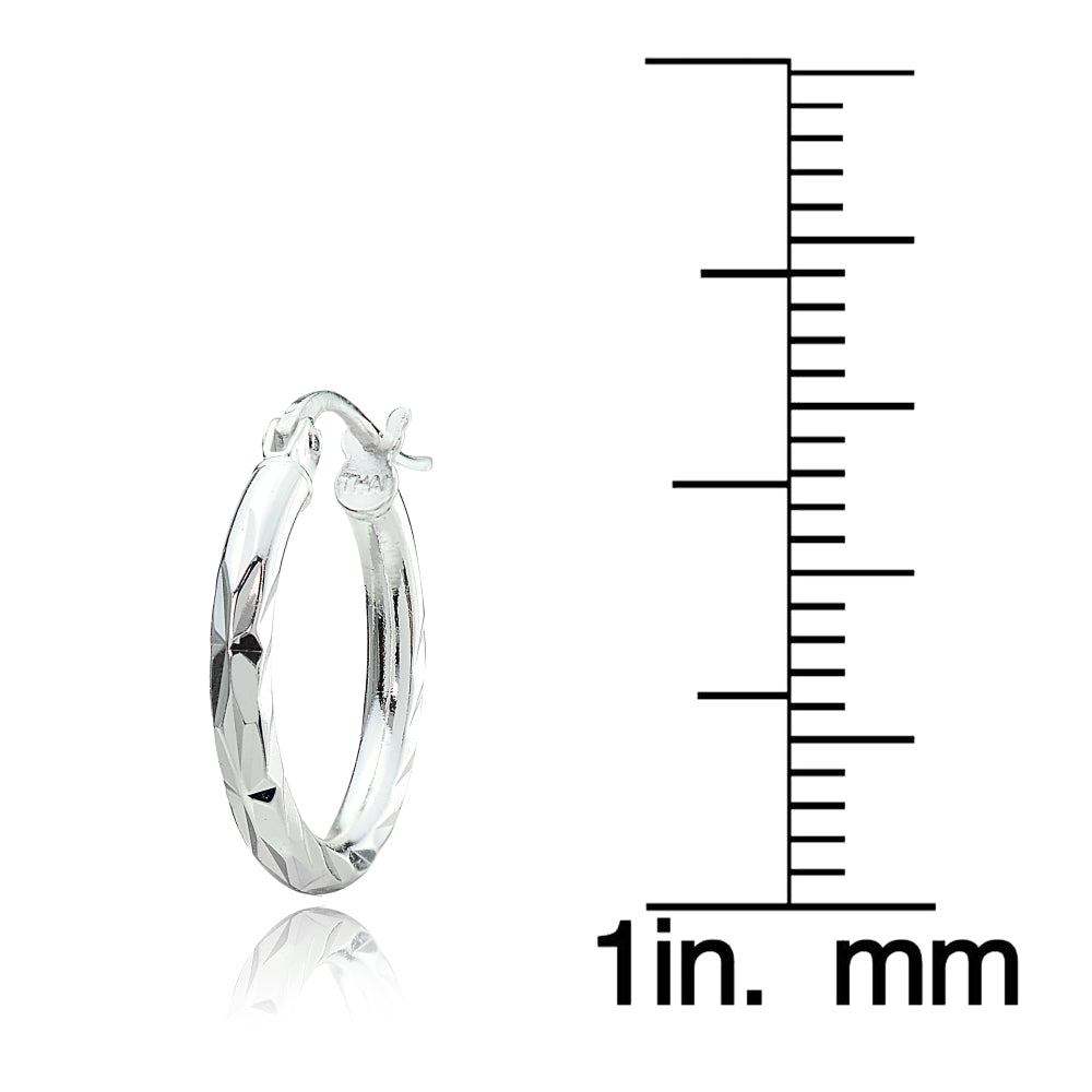 Sterling Silver 2mm Diamond Cut High Polished Round Hoop Earrings, 15mm-3
