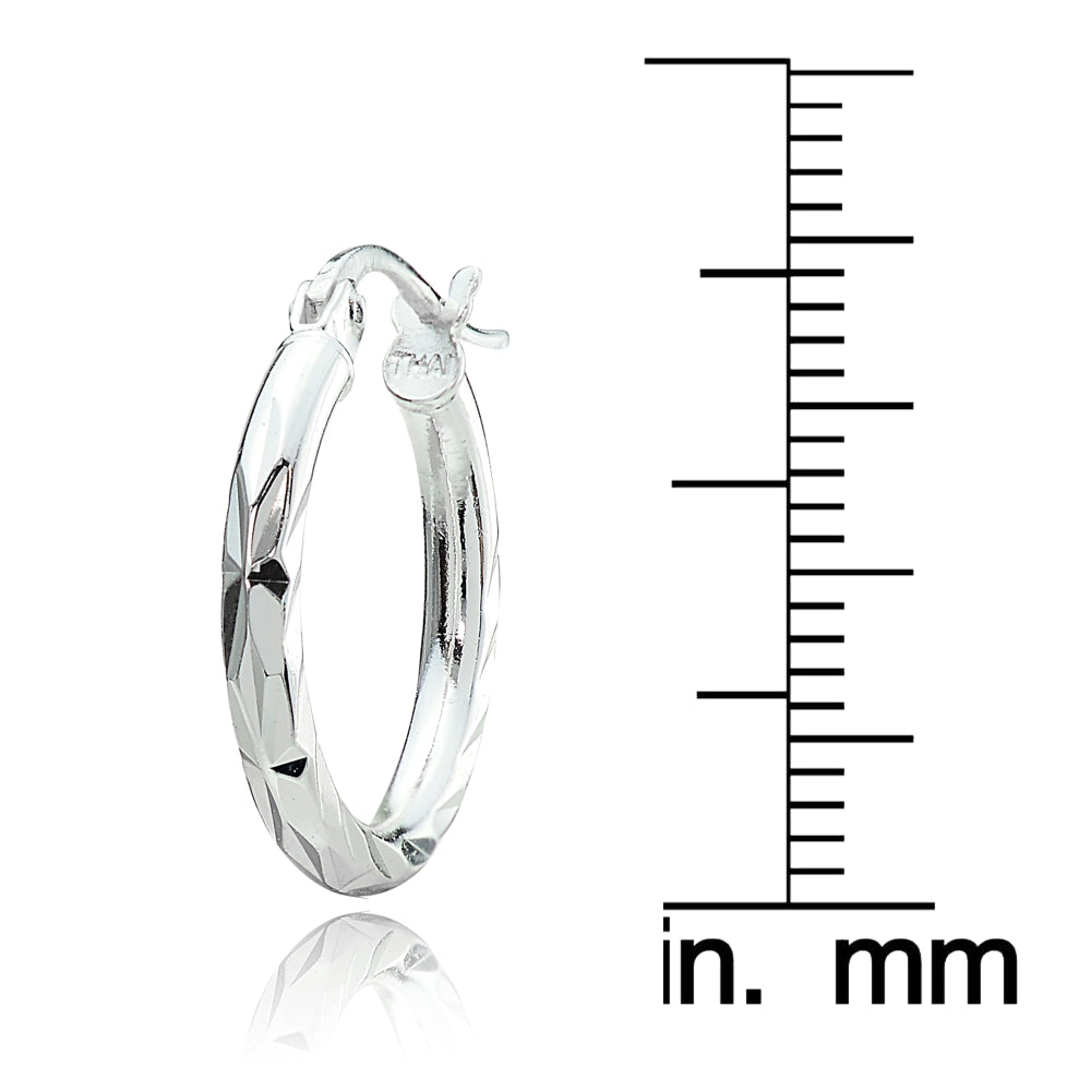 Sterling Silver 2mm Diamond Cut High Polished Round Hoop Earrings, 20mm-3