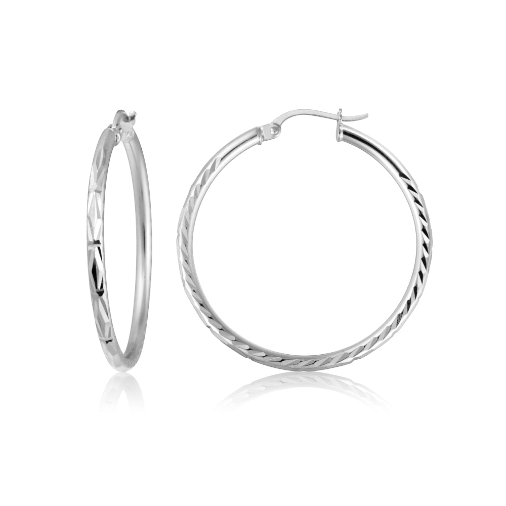Sterling Silver 2mm Diamond Cut High Polished Round Hoop Earrings, 25mm