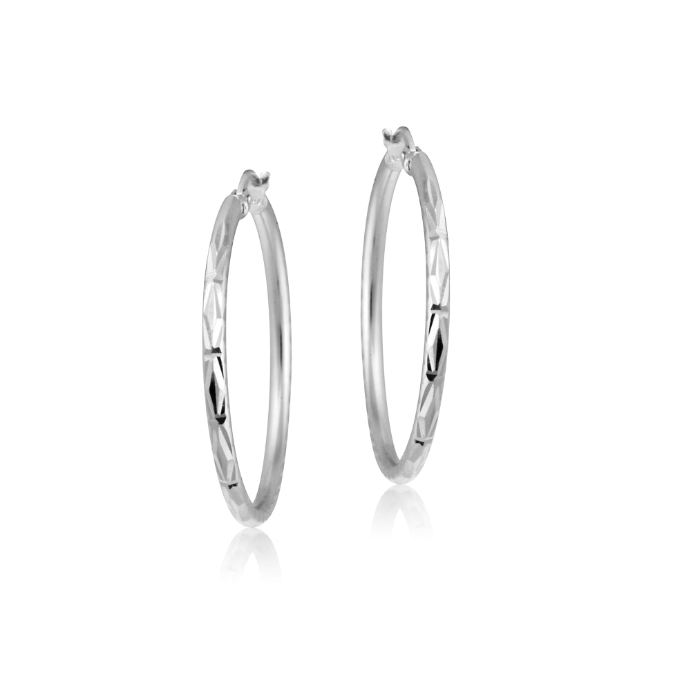 Sterling Silver 2mm Diamond Cut High Polished Round Hoop Earrings, 25mm-2