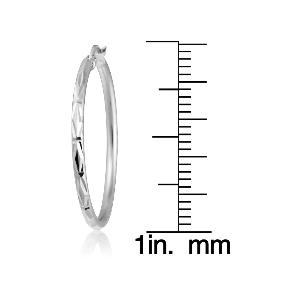 Sterling Silver 2mm Diamond Cut High Polished Round Hoop Earrings, 25mm-3