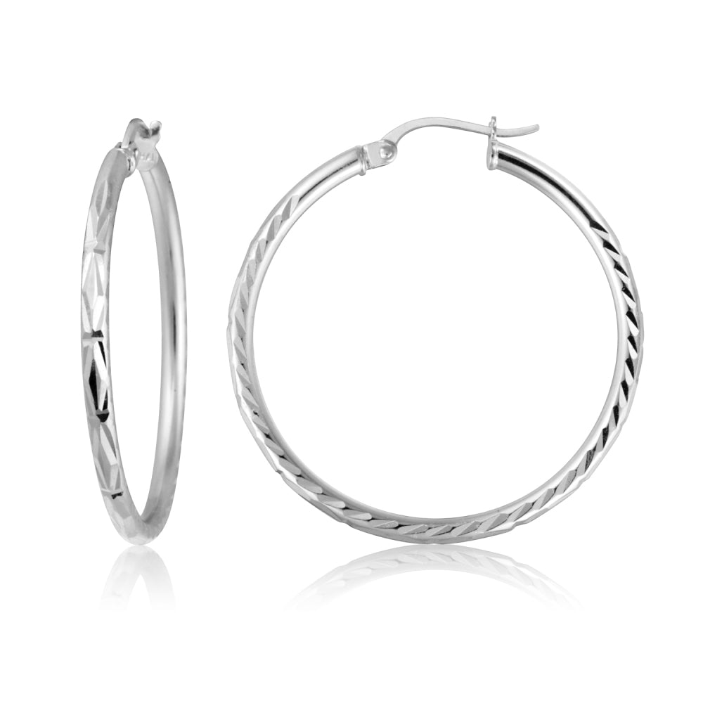 Sterling Silver 2mm Diamond Cut High Polished Round Hoop Earrings, 30mm