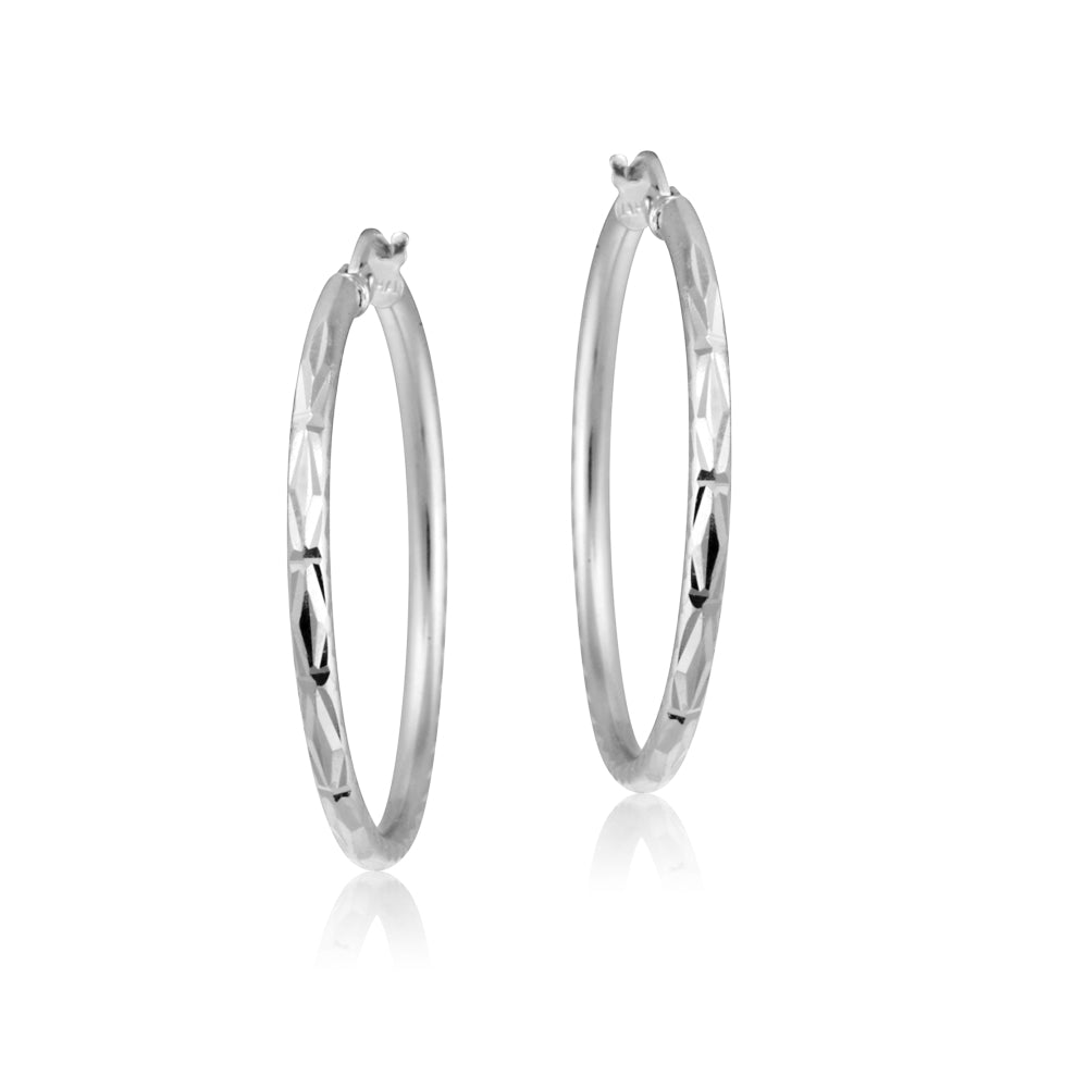 Sterling Silver 2mm Diamond Cut High Polished Round Hoop Earrings, 30mm-2