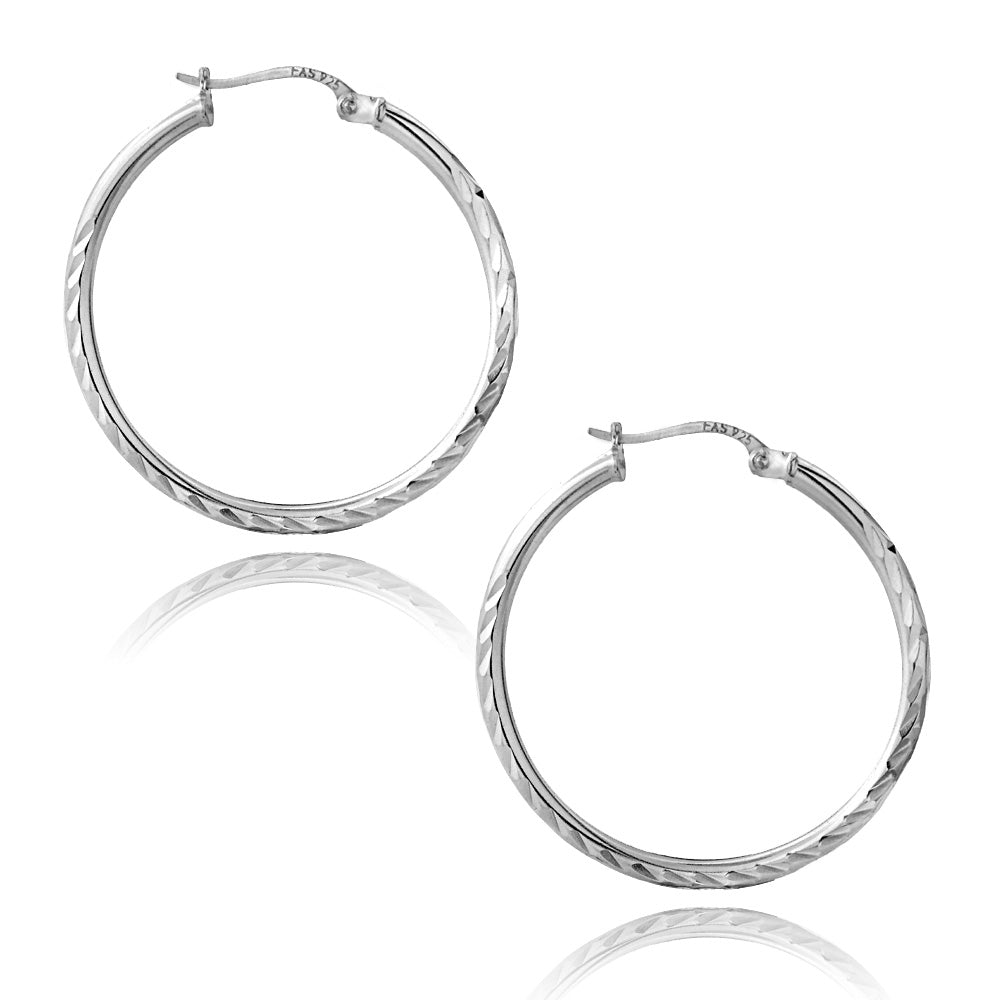 Sterling Silver 2mm Diamond Cut High Polished Round Hoop Earrings, 30mm-3