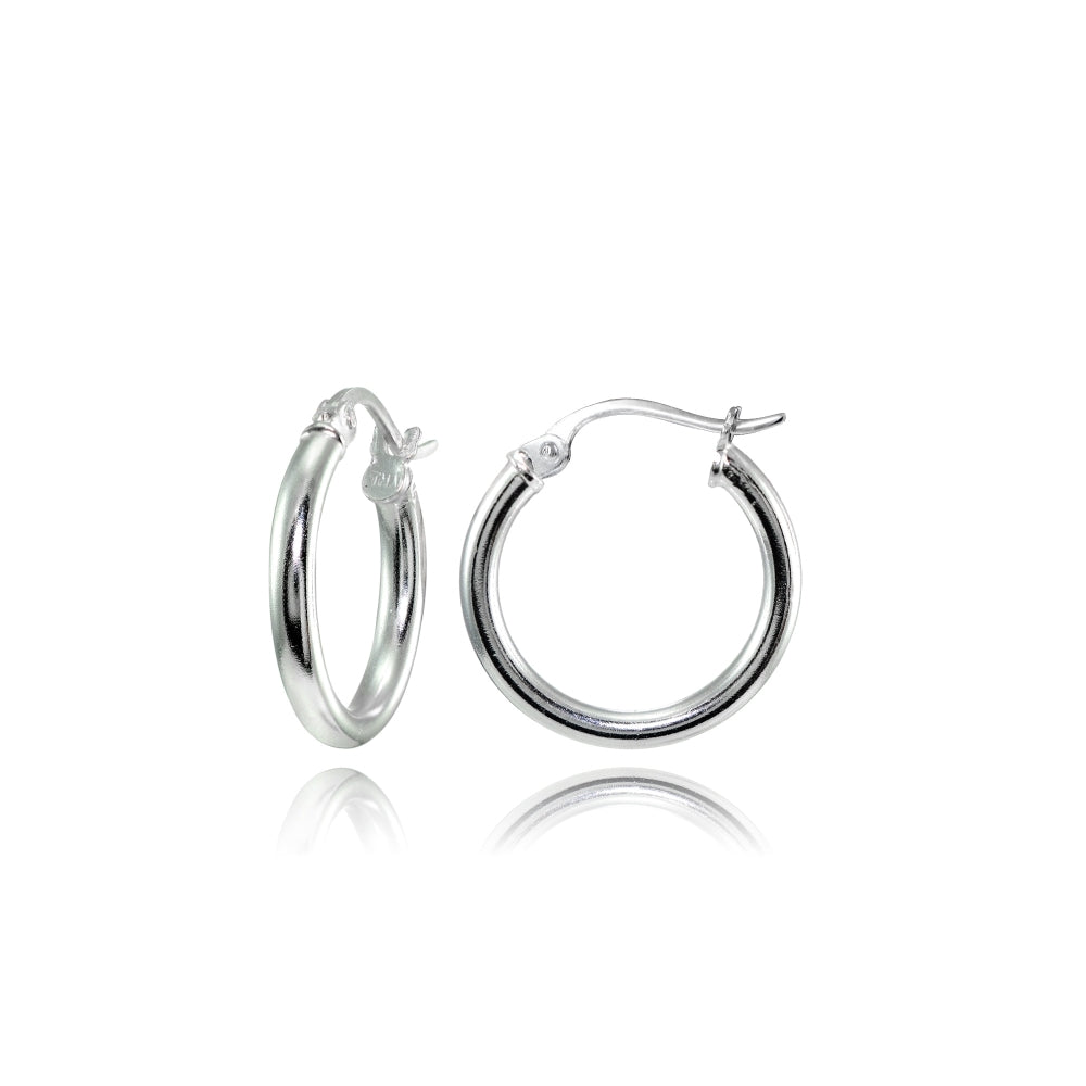Sterling Silver High Polished Round Hoop Earrings, 15mm