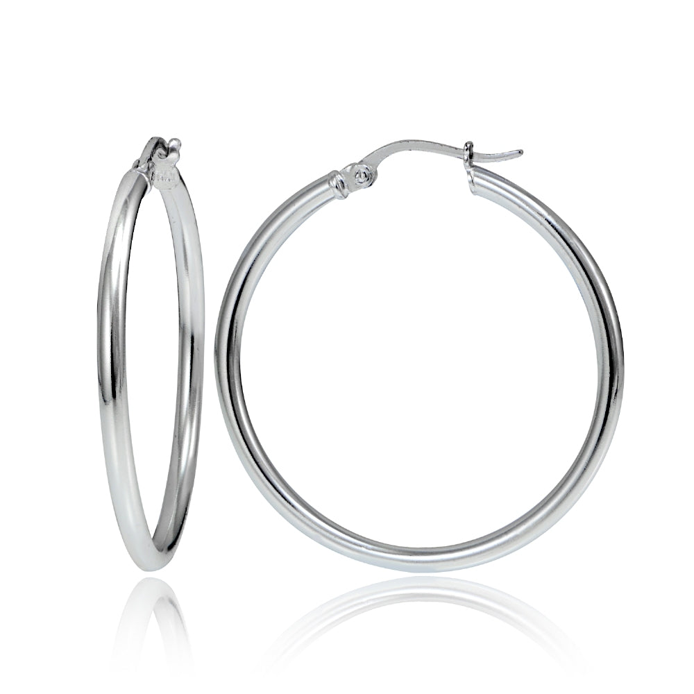Sterling Silver High Polished Round Hoop Earrings, 30mm