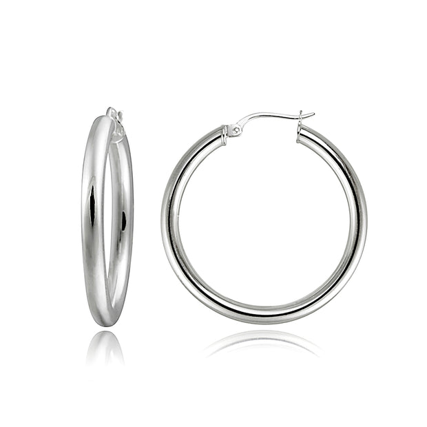 Sterling Silver 3mm High Polished Round Hoop Earrings, 30mm