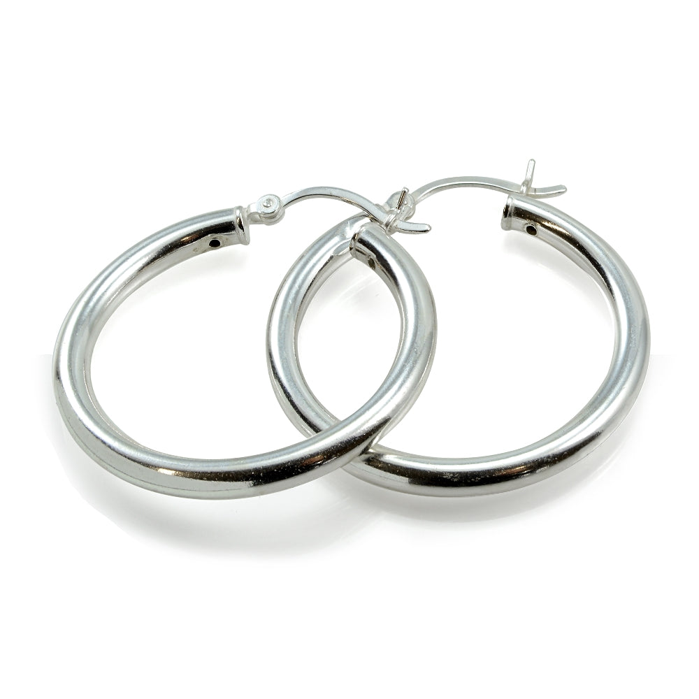 Sterling Silver 3mm High Polished Round Hoop Earrings, 30mm-2