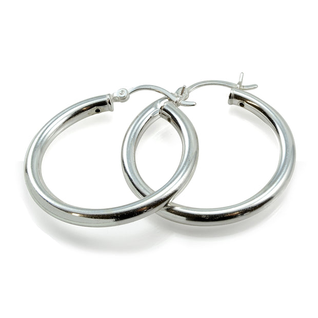 Sterling Silver 3mm High Polished Round Hoop Earrings, 30mm