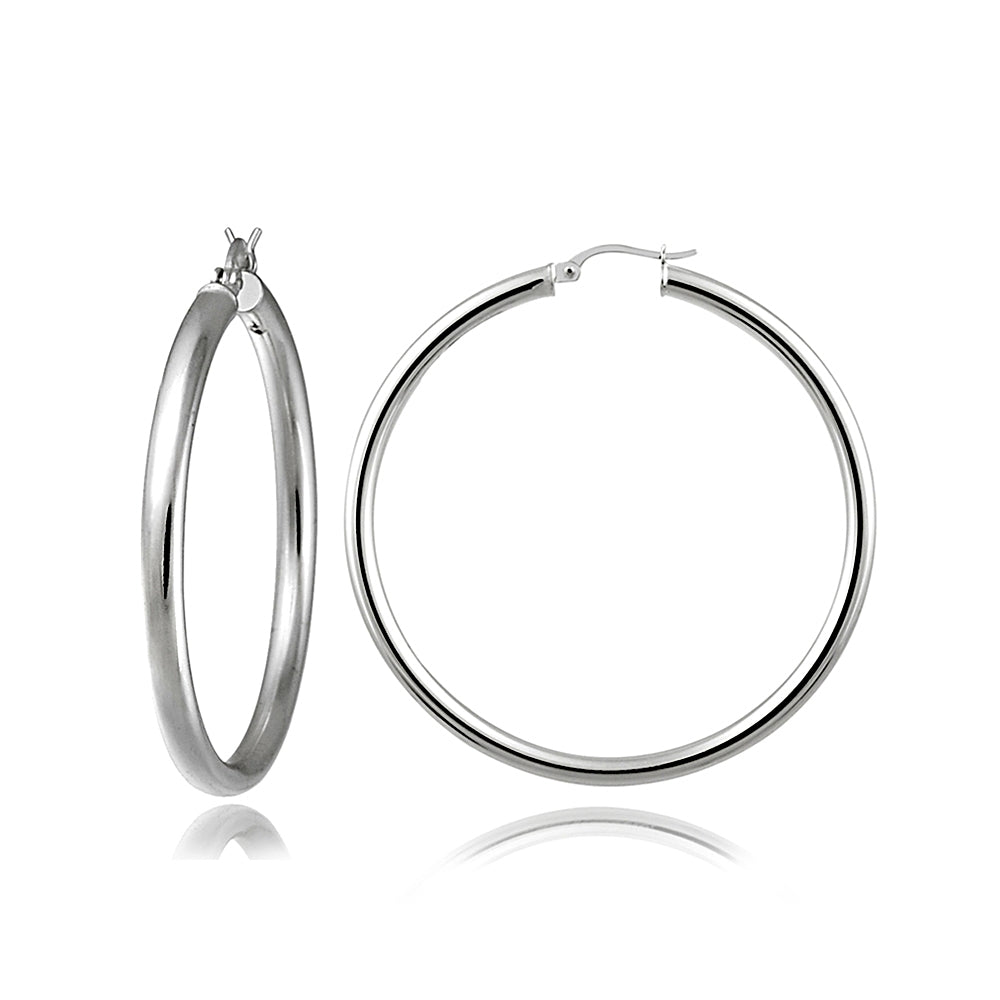 Sterling Silver 3mm High Polished Round Hoop Earrings, 40mm