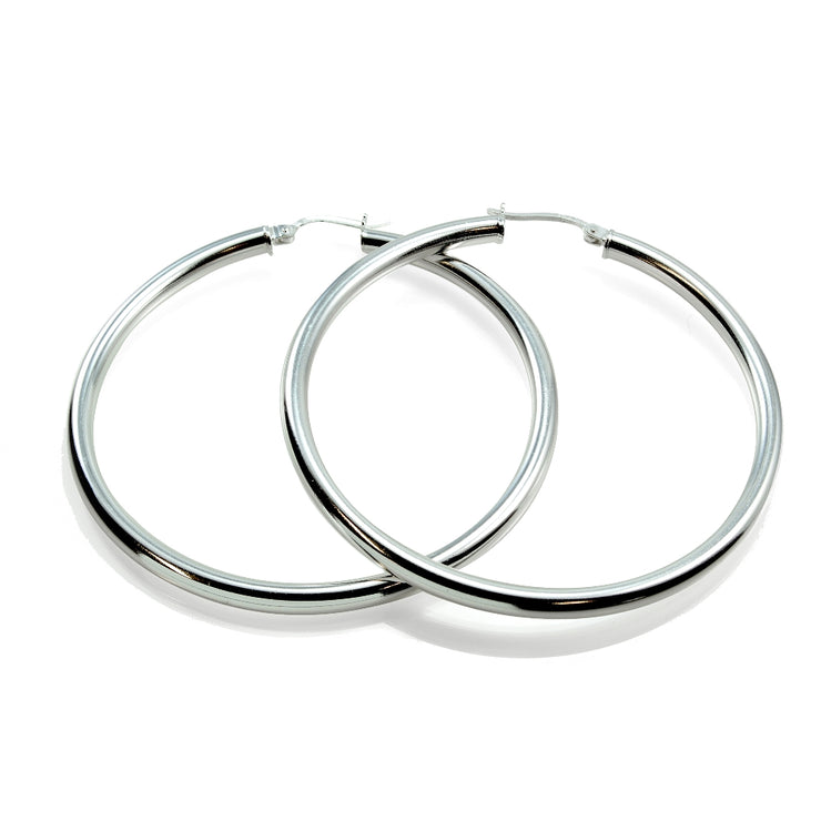 Sterling Silver 3mm High Polished Round Hoop Earrings, 40mm