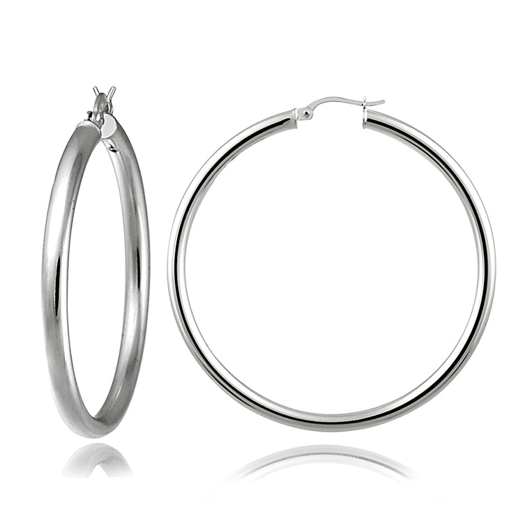 Sterling Silver 3mm High Polished Round Hoop Earrings, 50mm
