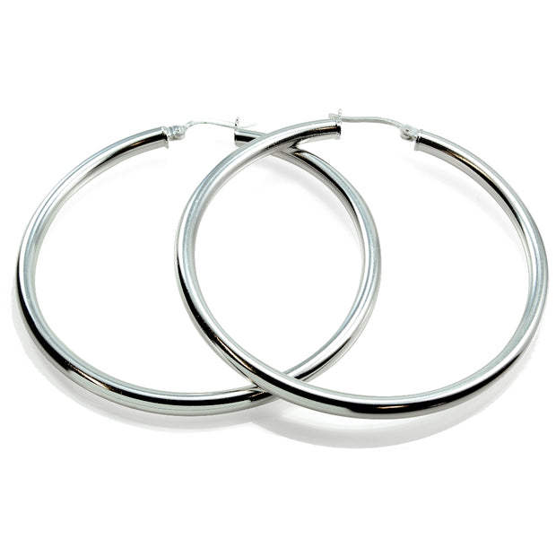 Sterling Silver 3mm High Polished Round Hoop Earrings, 50mm