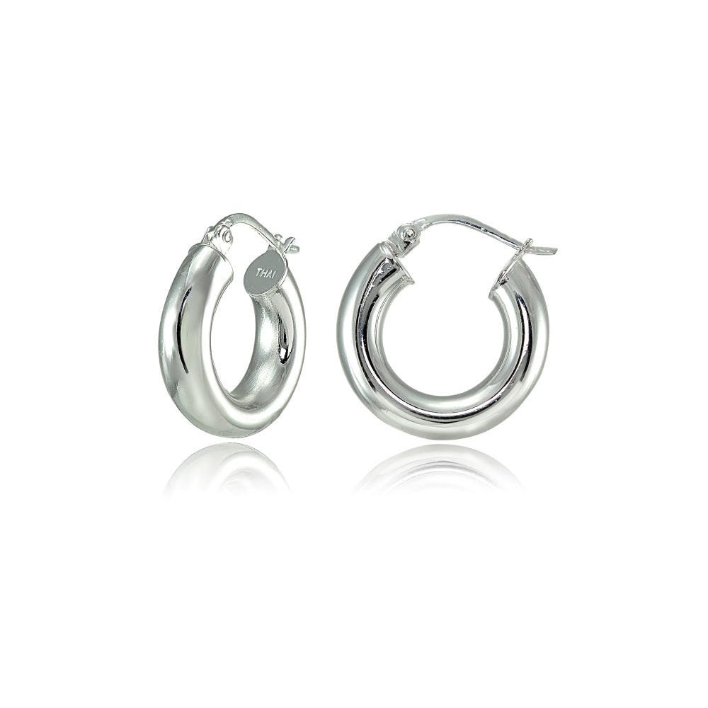 Sterling Silver 4mm High Polished Round Hoop Earrings, 15mm