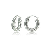 Sterling Silver 4mm High Polished Round Hoop Earrings, 15mm
