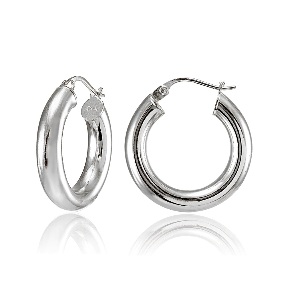 Sterling Silver 4mm High Polished Round Hoop Earrings, 25mm