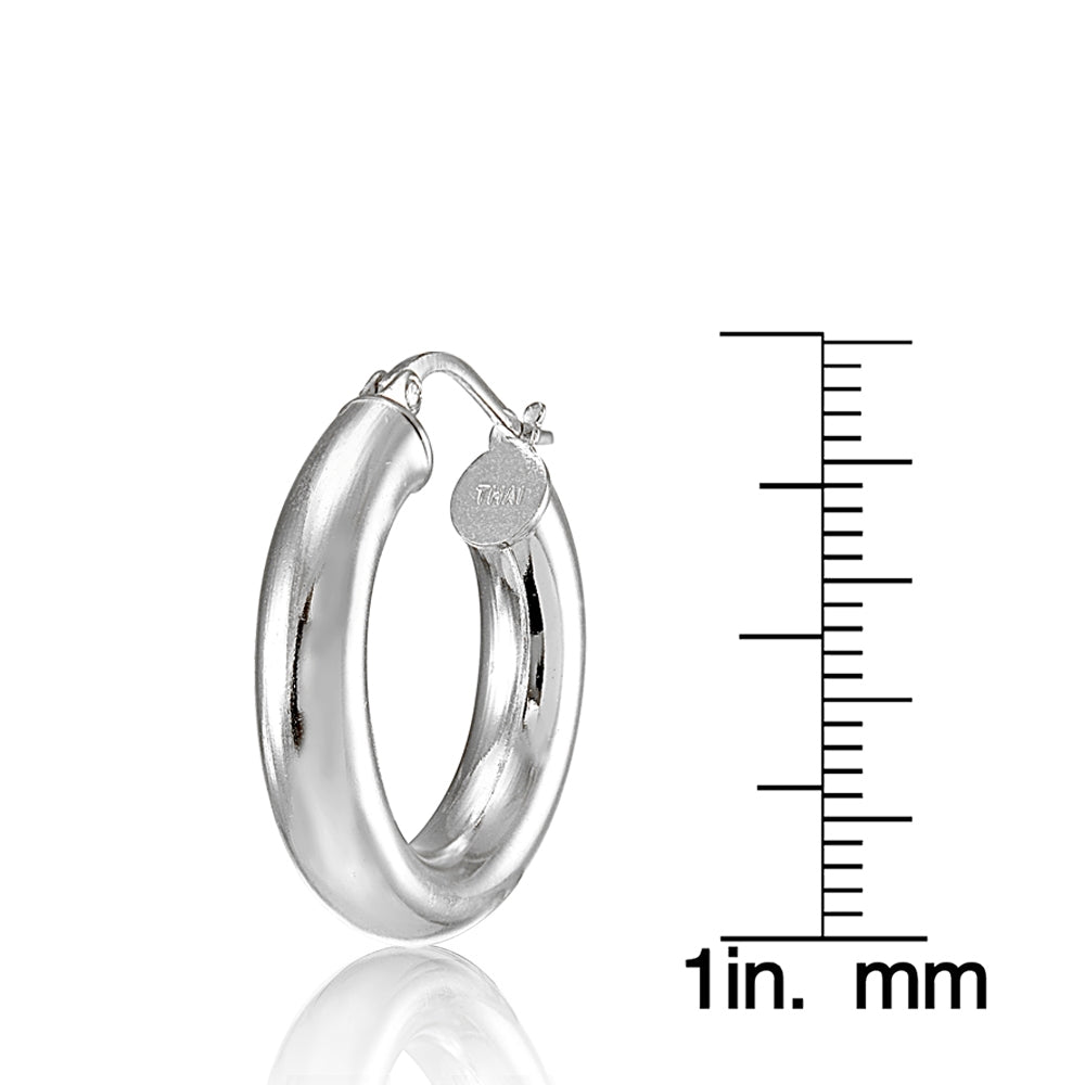 Sterling Silver 4mm High Polished Round Hoop Earrings, 25mm-2