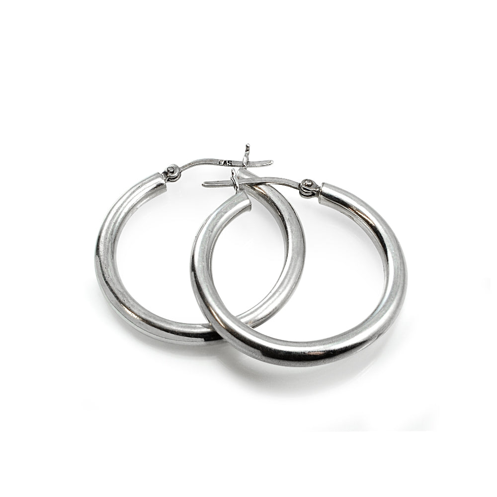 Sterling Silver 4mm High Polished Round Hoop Earrings, 30mm-2