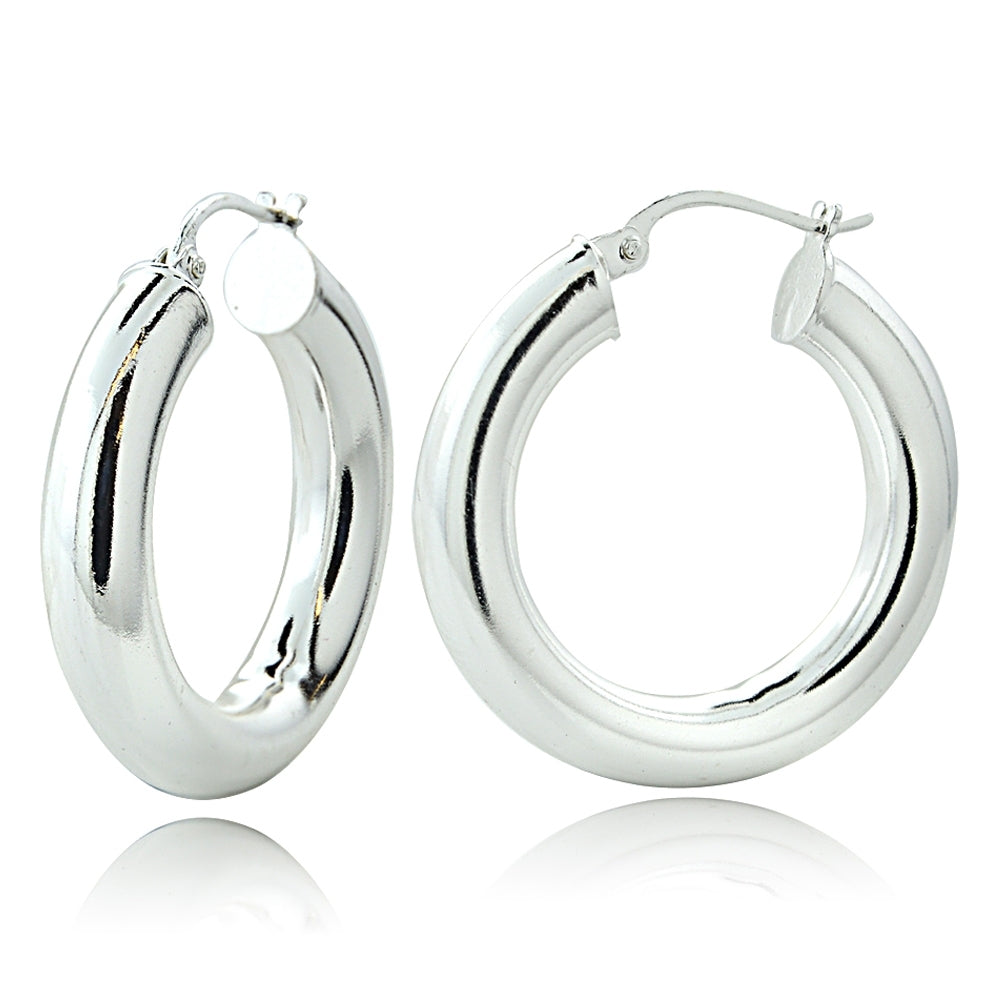 Sterling Silver 5mm High Polished Round Hoop Earrings, 30mm