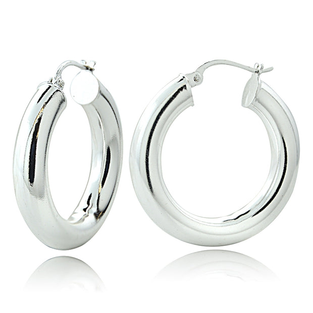 Sterling Silver 5mm High Polished Round Hoop Earrings, 30mm