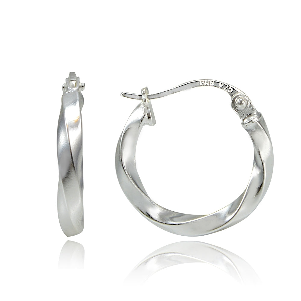 Sterling Silver Twist Round Hoop Earrings, 15mm