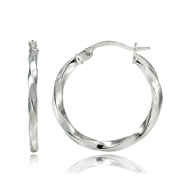 Sterling Silver Twist Round Hoop Earrings, 20mm