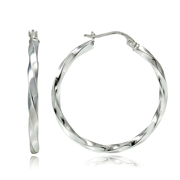 Sterling Silver Twist Round Hoop Earrings, 30mm