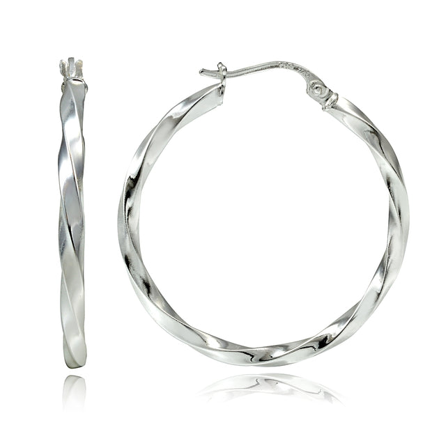 Sterling Silver 2mm Twist Round Hoop Earrings, 35mm