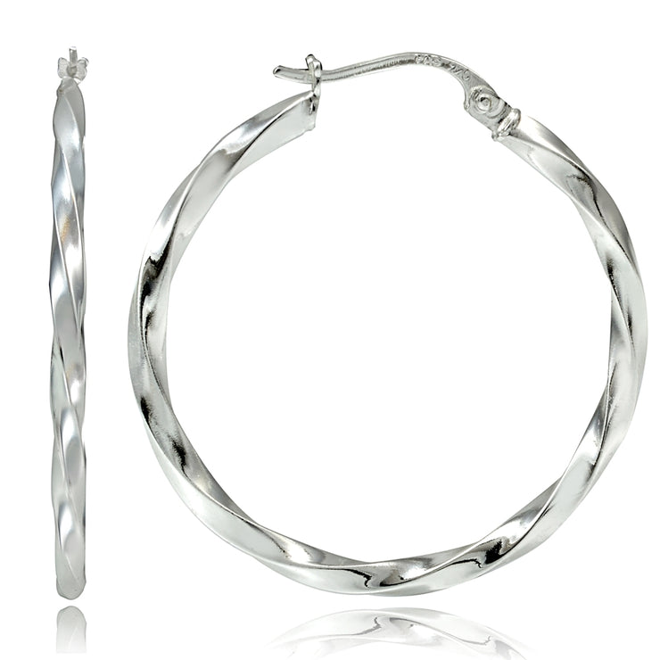Sterling Silver Twist Round Hoop Earrings, 50mm