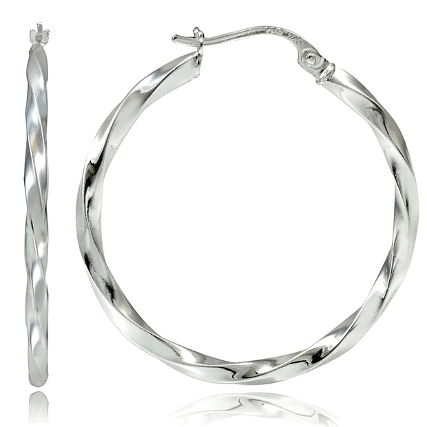 Sterling Silver 2mm Twist Round Hoop Earrings, 60mm