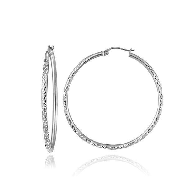 Sterling Silver Diamond Cut Round Hoop Earrings, 25mm