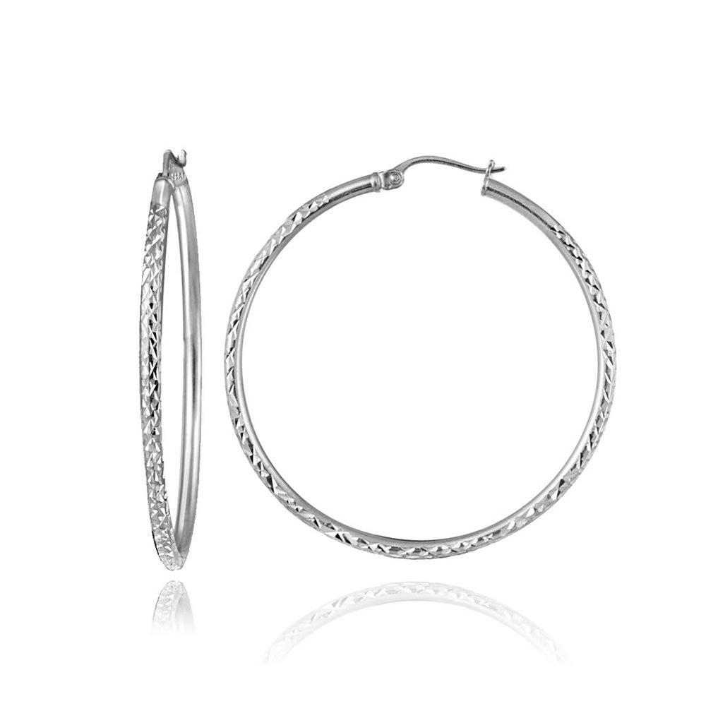 Sterling Silver 2mm Diamond Cut Round Hoop Earrings, 30mm