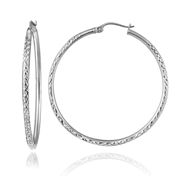 Sterling Silver 2mm Diamond Cut Round Hoop Earrings, 45mm