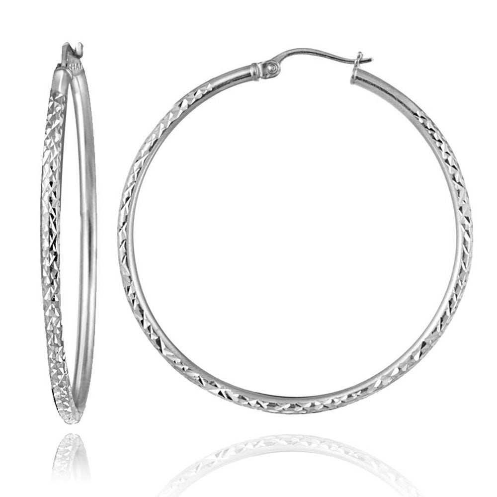 Sterling Silver Diamond Cut Round Hoop Earrings, 50mm