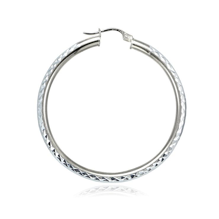 Sterling Silver 3mm Diamond Cut Round Hoop Earrings, 45mm