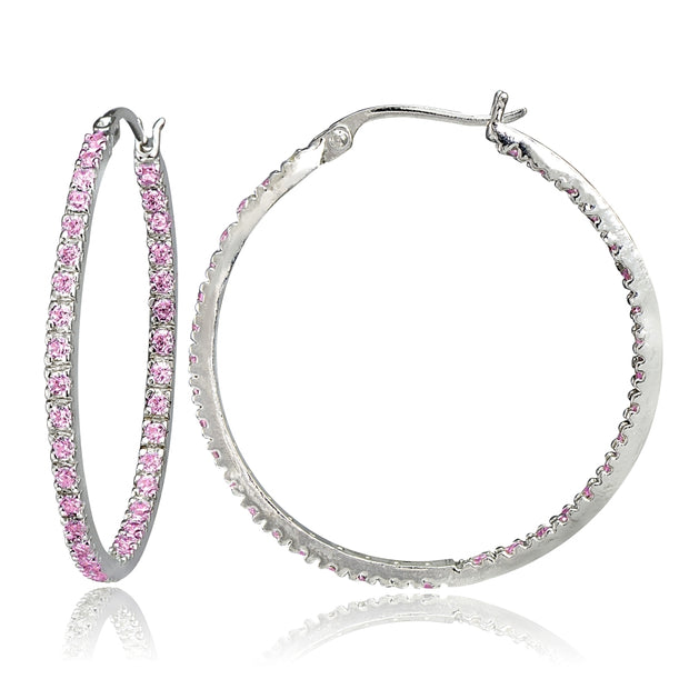Sterling Silver Pink Cubic Zirconia Inside Out 30mm Round Hoop Earrings