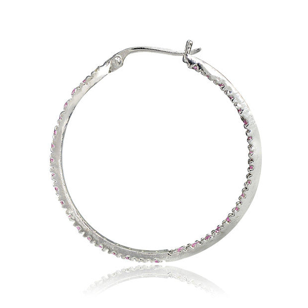 Sterling Silver Pink Cubic Zirconia Inside Out 30mm Round Hoop Earrings